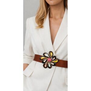 Etro Italy Leather Belt Multicolor Enamel Flower Buckle Size 80 Boho Statement